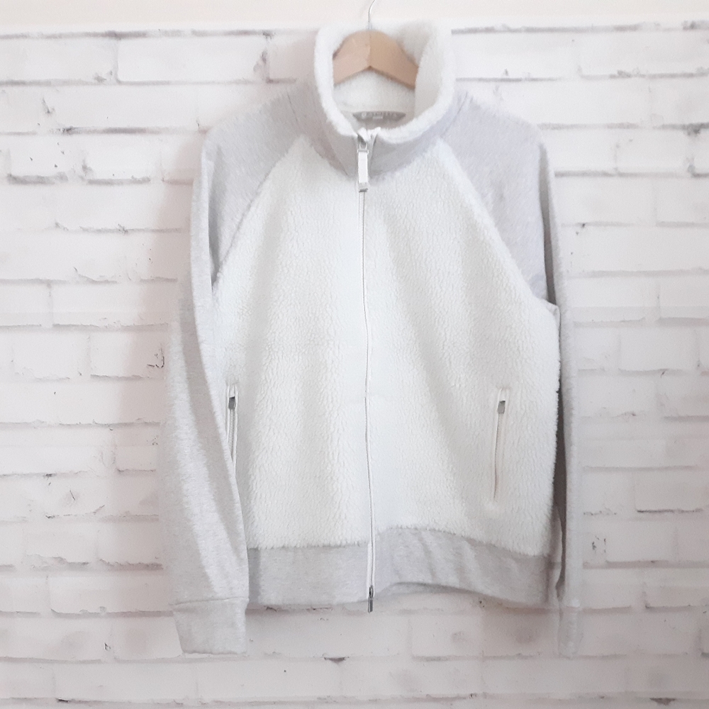 Athleta White and Light Gray Sherpa Full-Zip Jacket